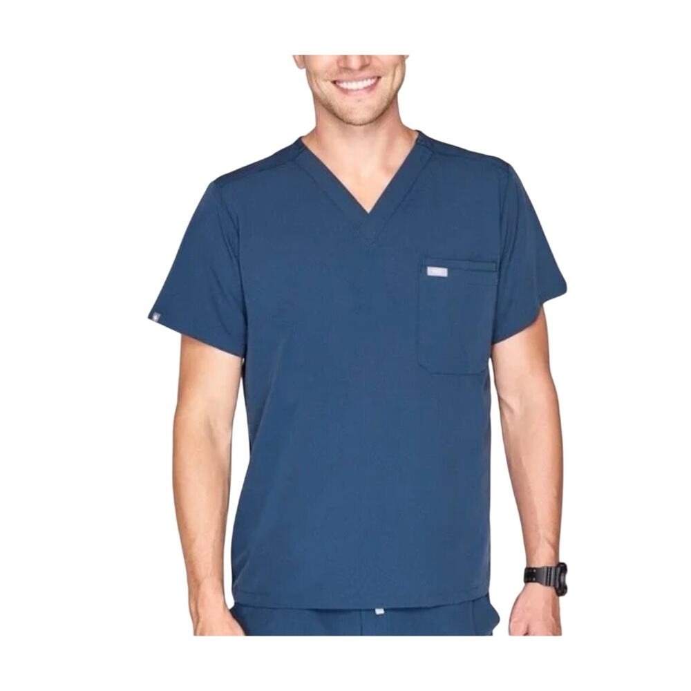 Figs Leon Scrub Top Men’s V-Neck 3 Pocket Blue Gray Dark Harbor Size Large